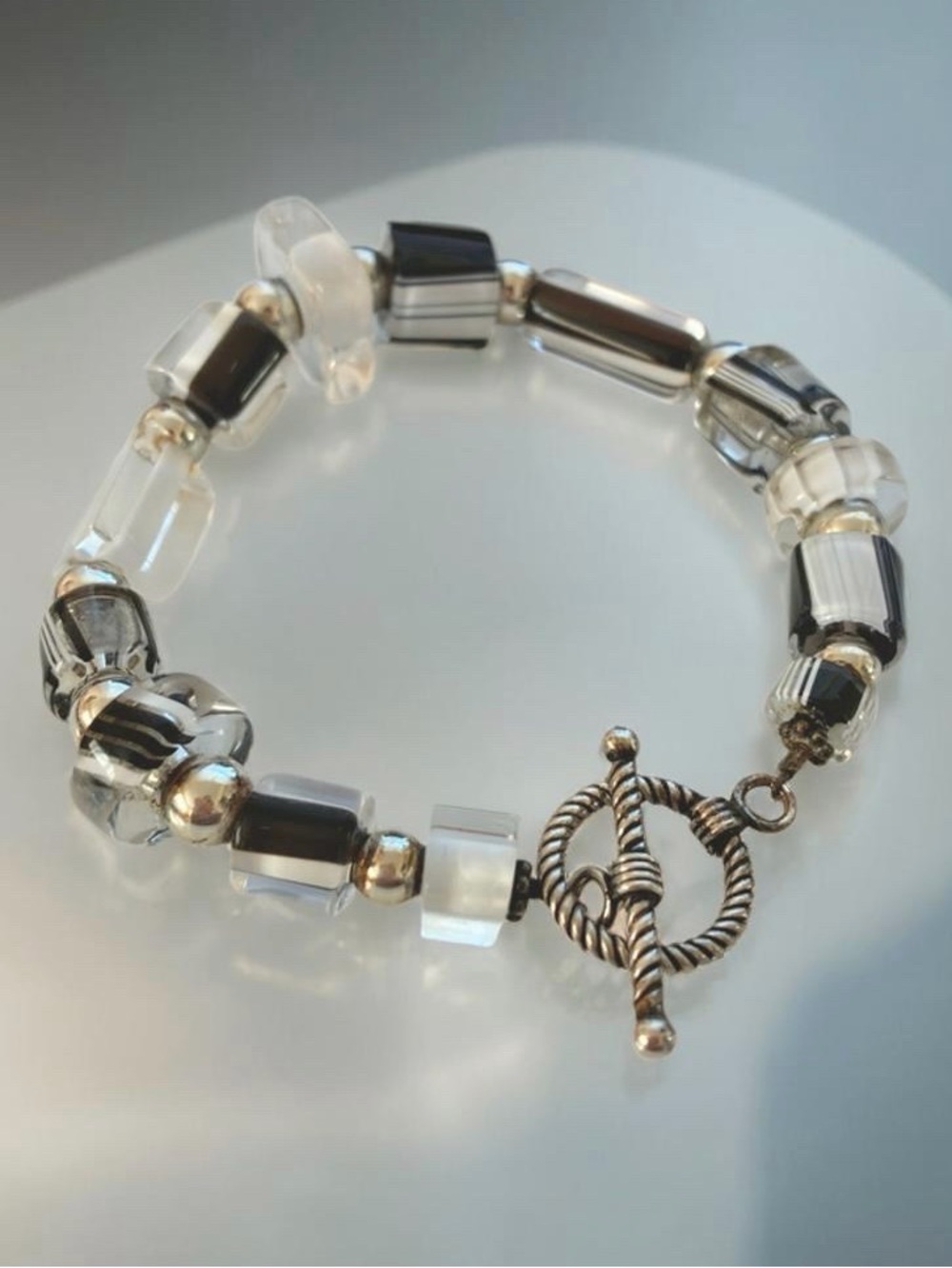 Black and white blown glass Bead with sterling silver accents and Toggle Bracele